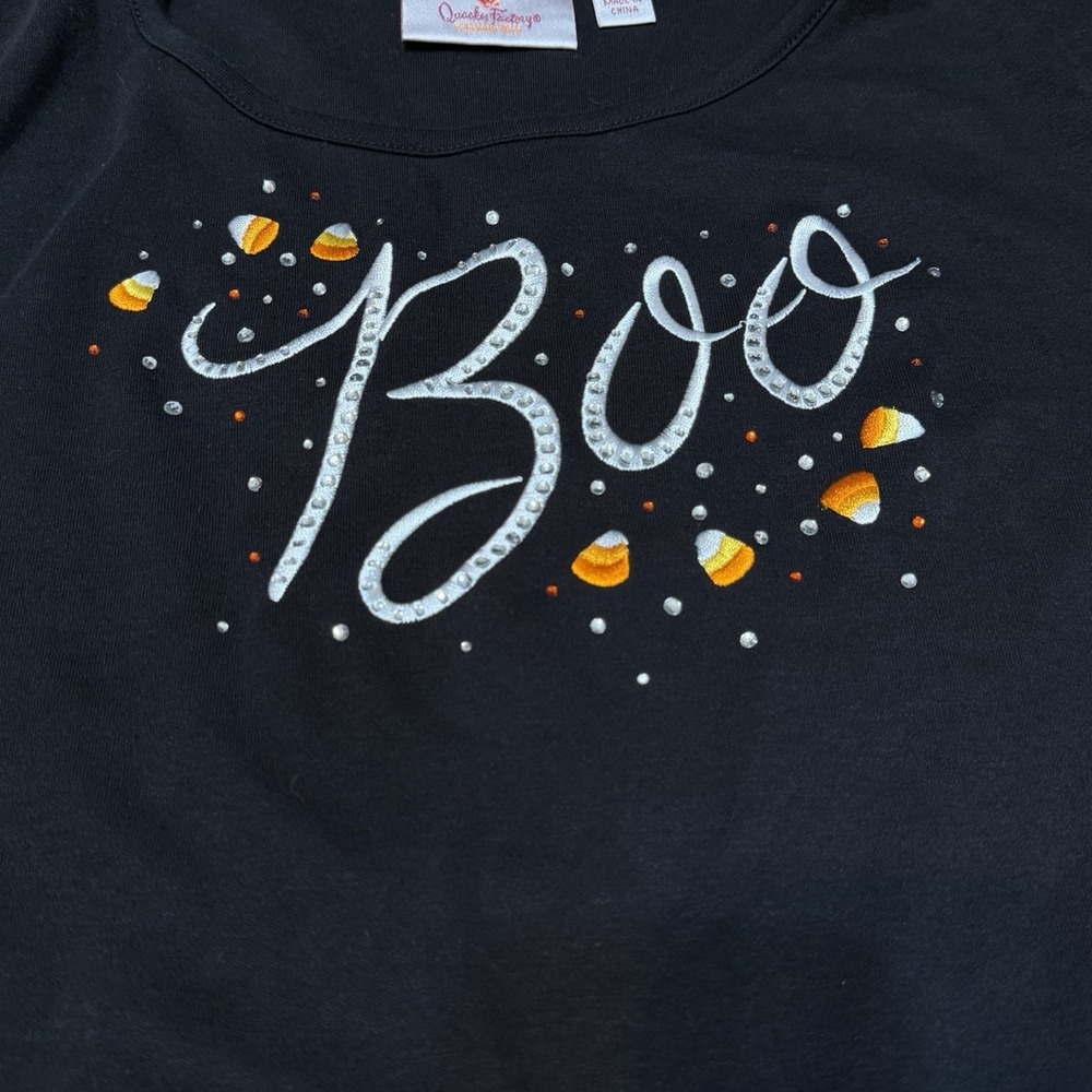 Quacker Factory Boo Ghost Embroidered Embellished Black Shirt XL Halloween NEW - Picture 4 of 10
